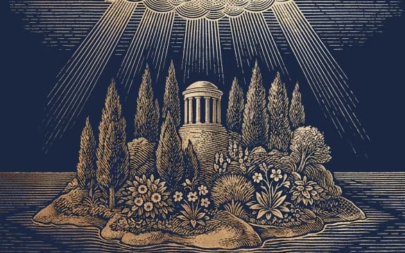 A Ilha dos Amores, gravura de uma ilha-jardim no mar.